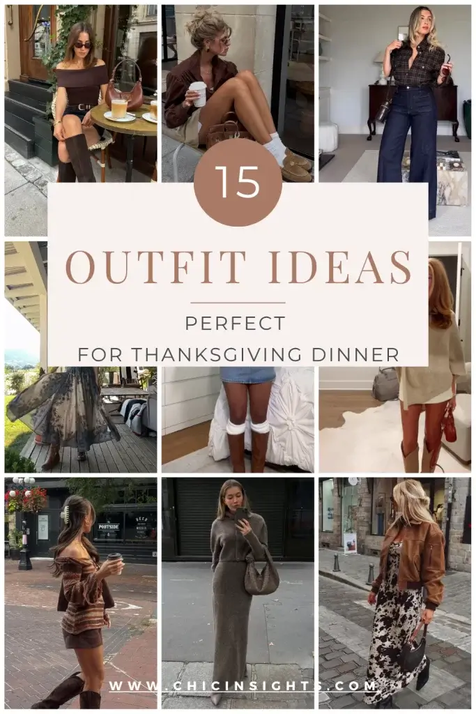 Pinterest pin collage of nine different photos showing Thanksgiving outfit ideas and inspiration for cute Fall outfits