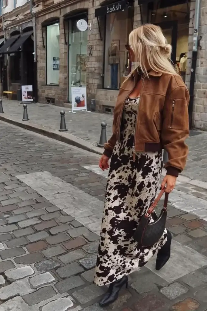 woman wearing cow print satin maxi dress and suede brown bomber jacket