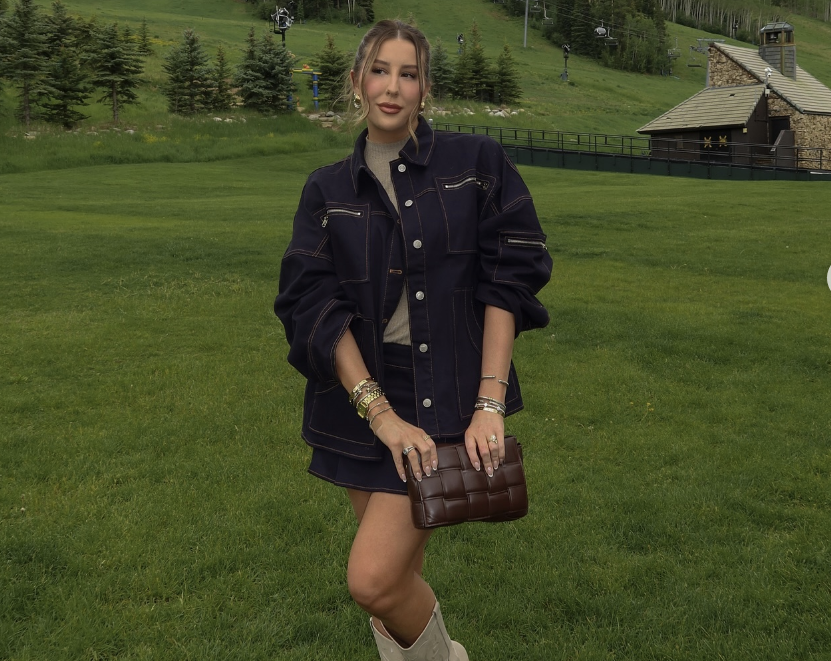 influencer posing in field wearing denim set