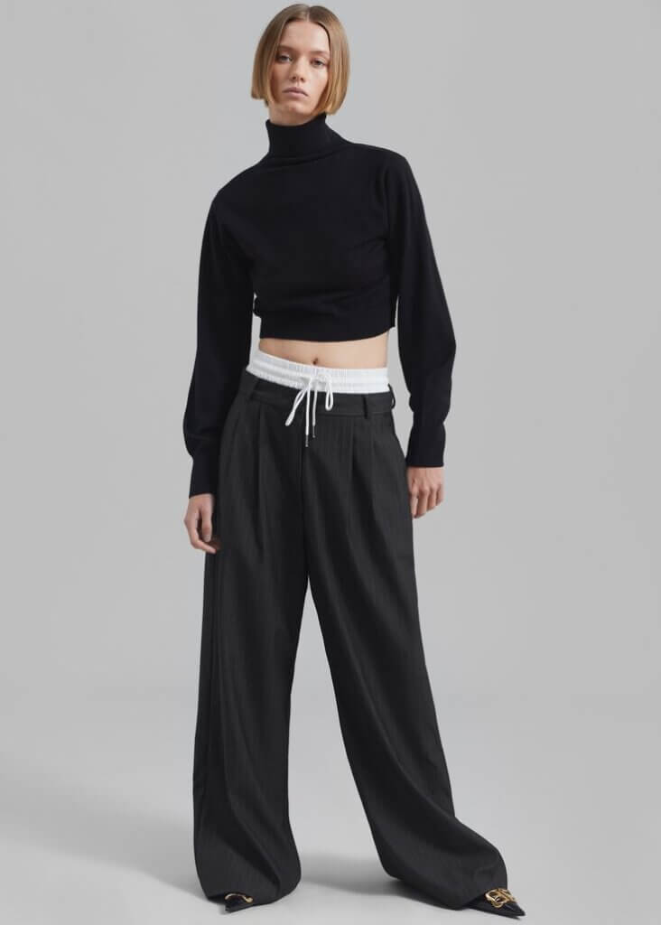 double waist band pants with black sweater