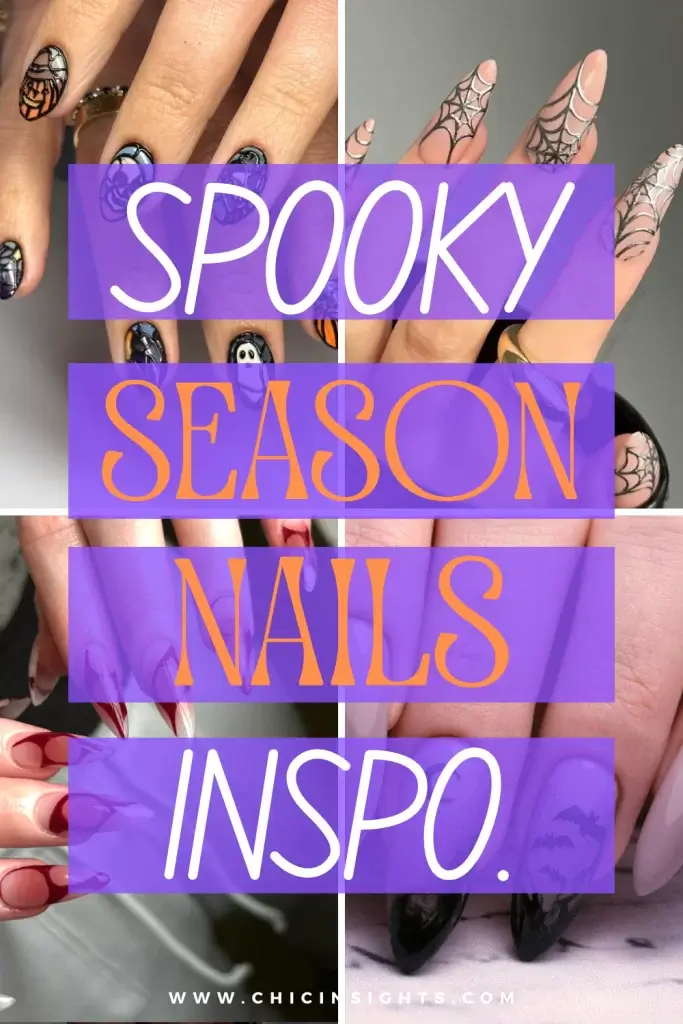 Pinterest pin collage of four different Halloween inspired manicures with graphic text in the center displaying Spooky Season Nails