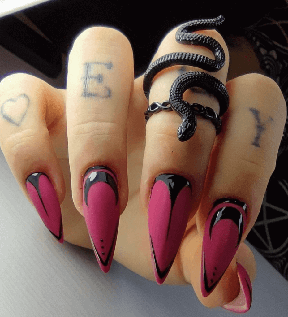 pink and black elegant Halloween nail design