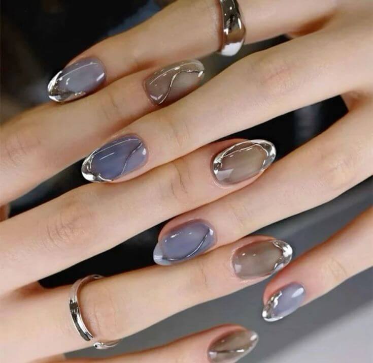 gradient purple and grey with silver metallic nail art design