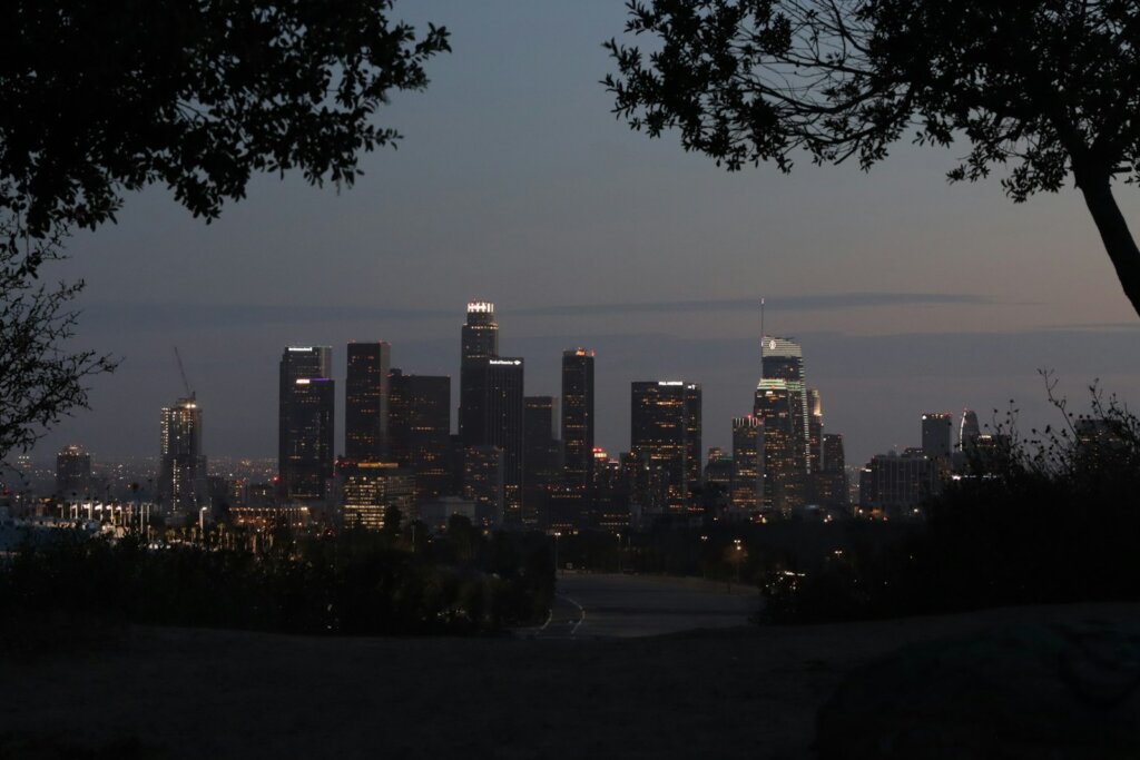 city skyline during night time