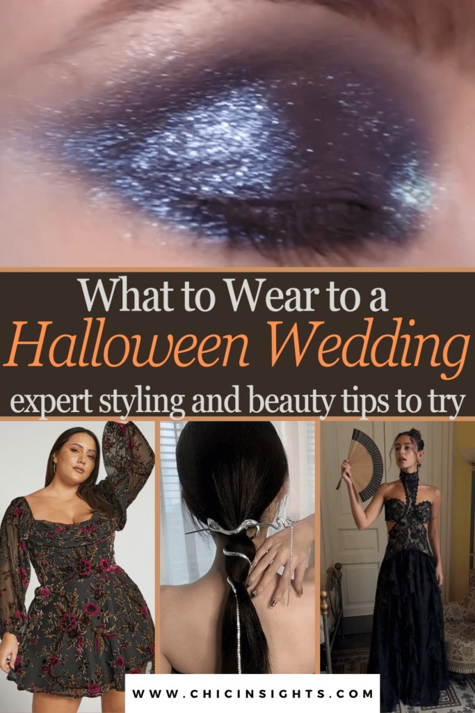 Pinterest pin featuring wording "what to wear to a Halloween wedding"