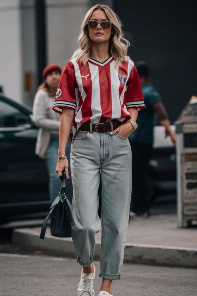 woman wearing red and white striped soccor jersey with cuffed jeans and belt walking down street.