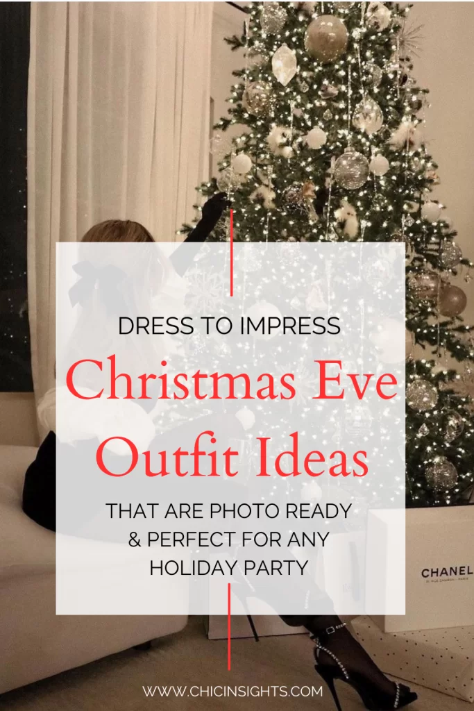 Pinterest pin with young woman by Christmas tree light up with text displaying Dress to Impress Christmas Eve Outfit Ideas