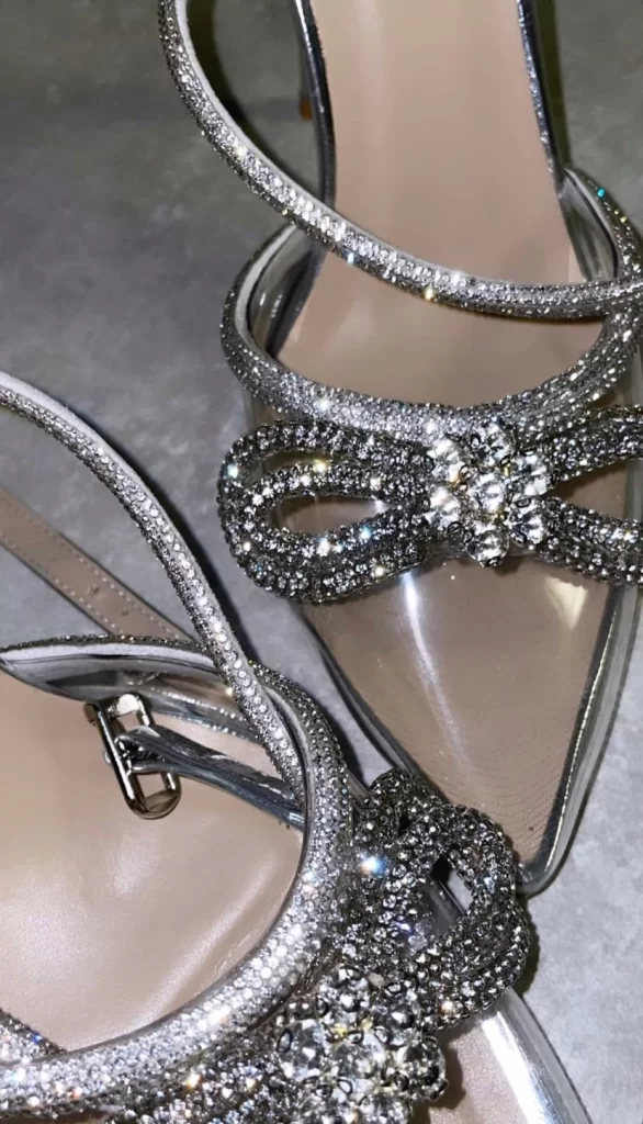 close up of crystal embellished shoes