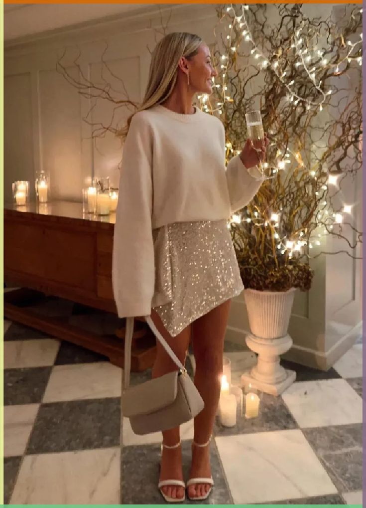 young blonde woman wearing sequin mini skirt and cream sweater for Christmas Eve dinner outfit