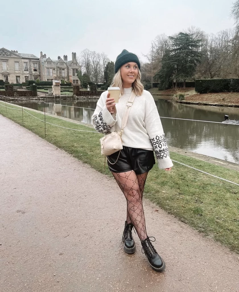 Christmas Eve Dinner outfits casual with fair isle sweater and leather shorts