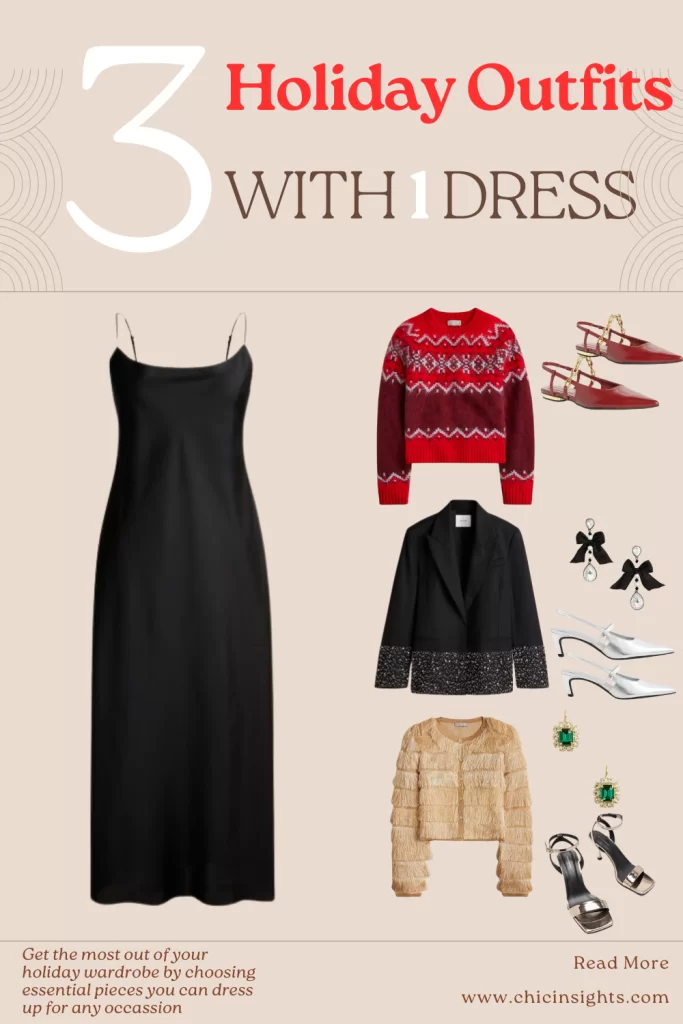 collage of 3 different holiday outfits styled with one black dress