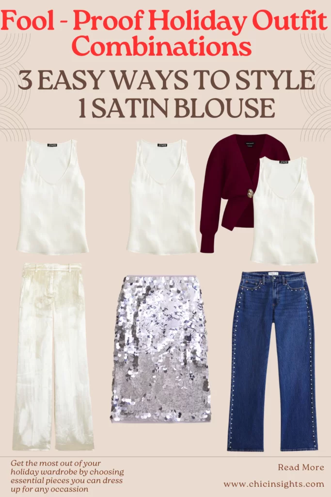 outfit guide of 3 different ways to style a silk top