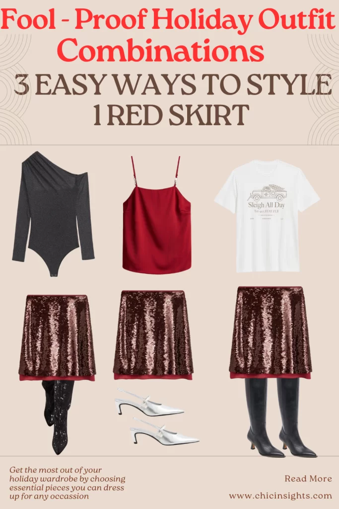 outfit guide illustrating 3 different holiday outfits with one sequin red skirt