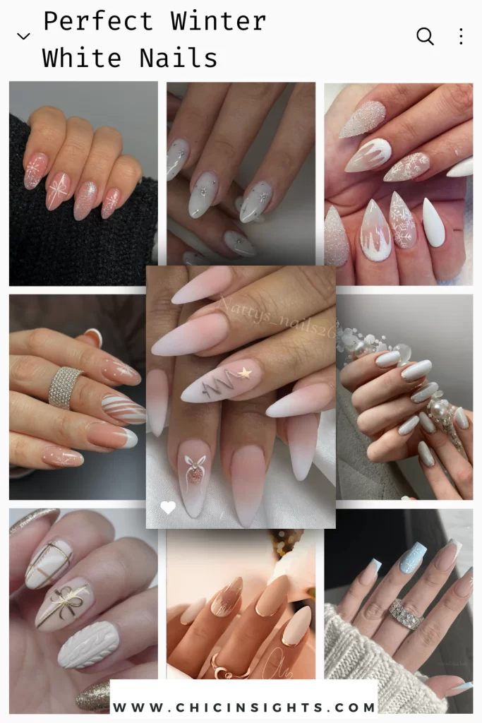 Pinterest collage of 9 different white nail designs in a grid