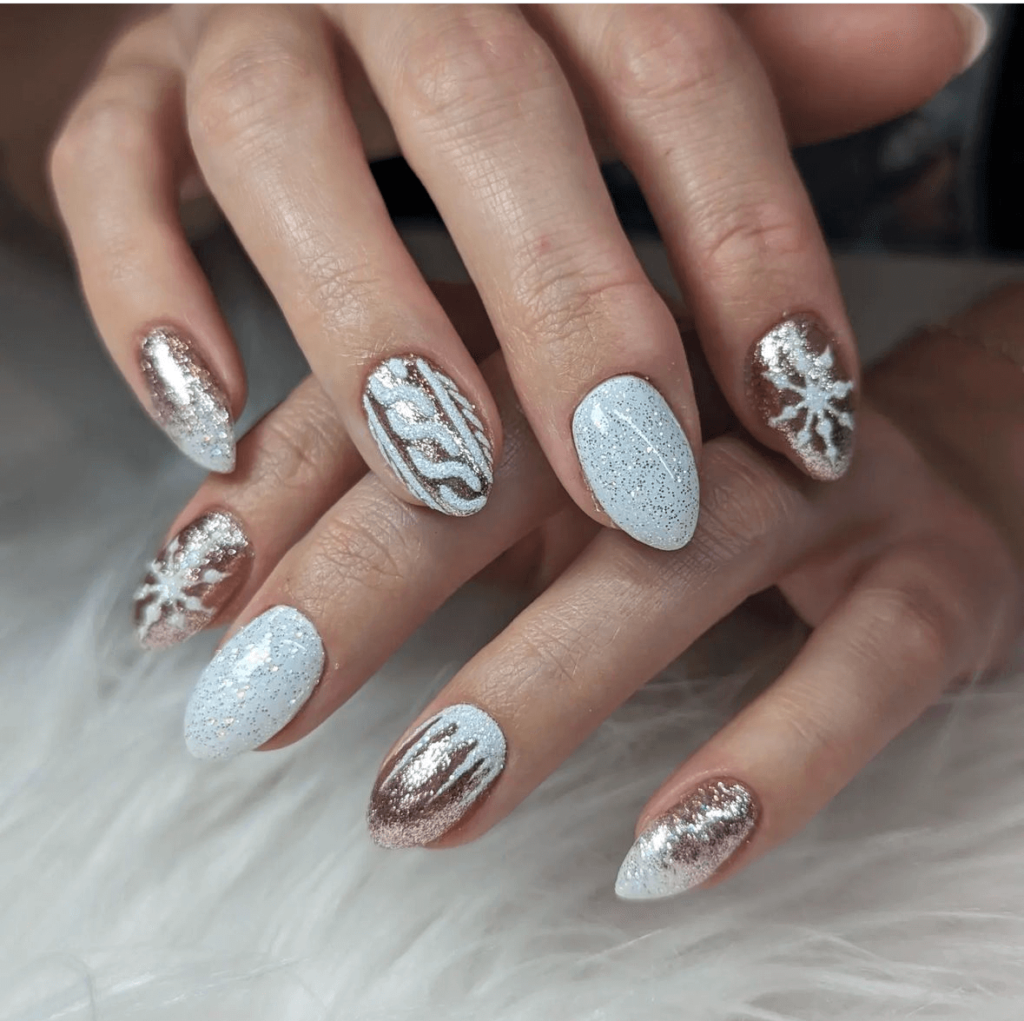 rose gold glitter and glitter white nail art designs