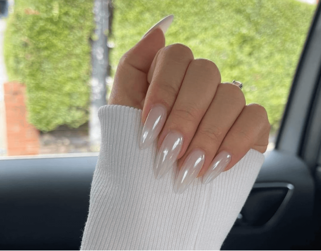 milky white nails with chrome finish