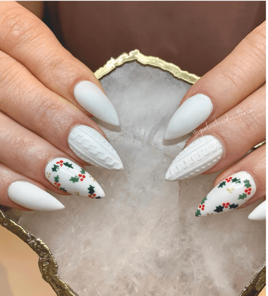 holiday white nail art with sweater design and mistole