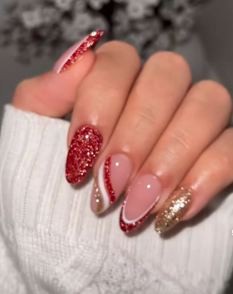 red, white, gold glitter nail manicure