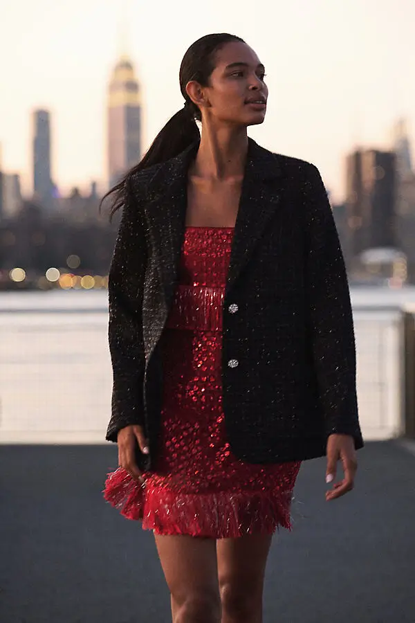 model wearing tweed jacket for Winter formal layering