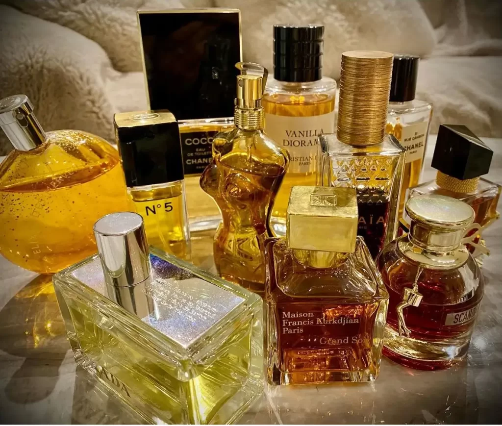 collage of winter perfumes with vanilla and amber scents