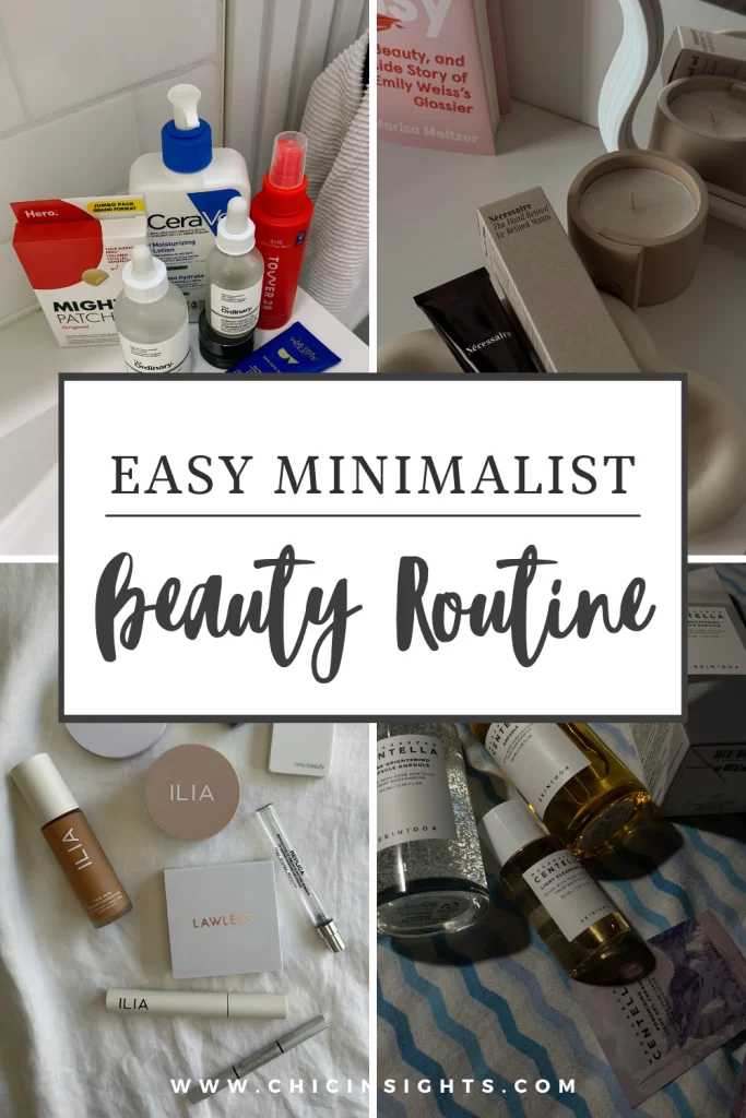 Pinterest Pin collage of different minimalist beauty products with text overlay stating Easy Minimalist Beauty Routine