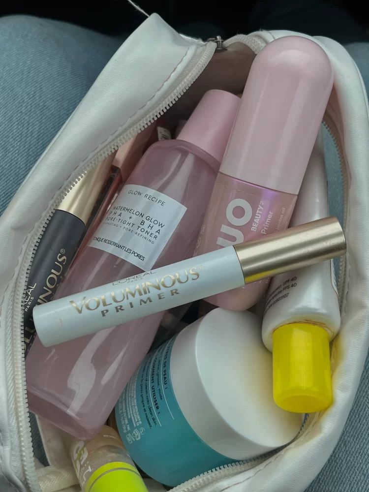 Minimalist Beauty Routine essentials in cosmetic bag