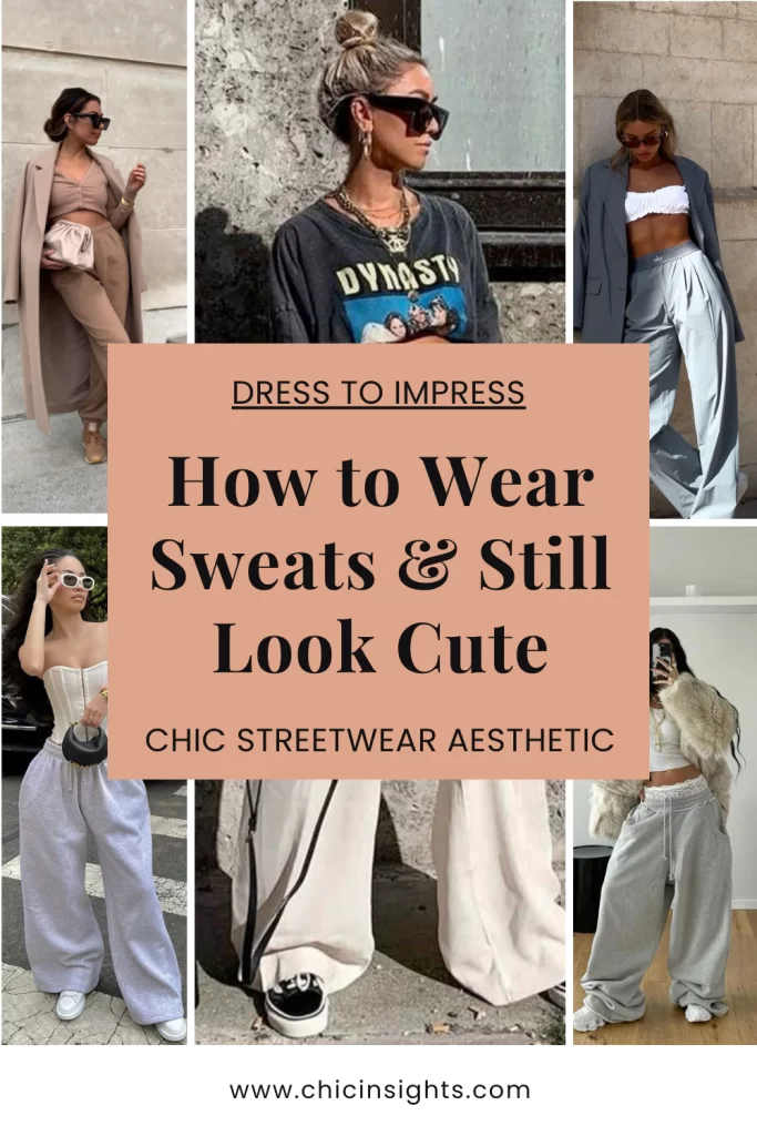 Pinterest pin collage with text displaying Dress to Impress How To Wear Sweats & Still Look Cute