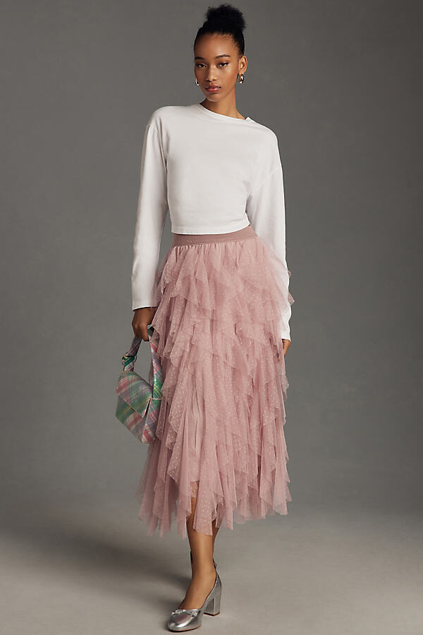 model wearing tiered tulle skirt from Anthropologie Valentines day outfit winter pairing