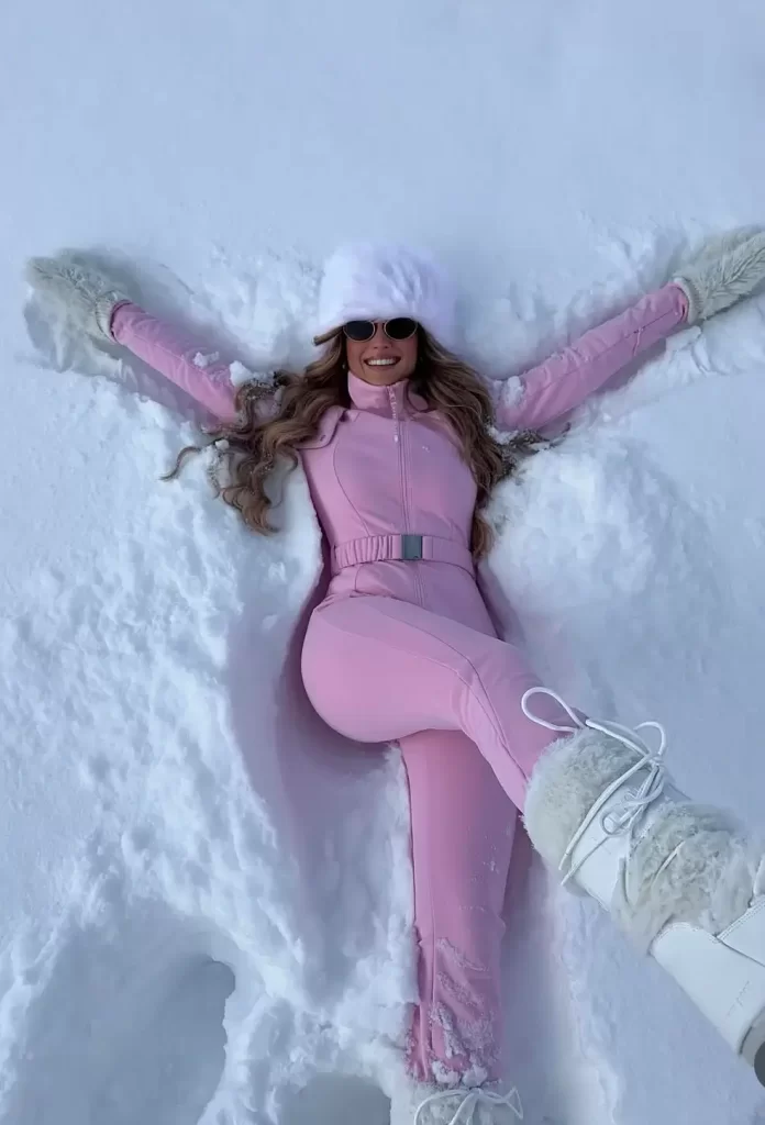 woman wearing pink ski outfit laying in snow