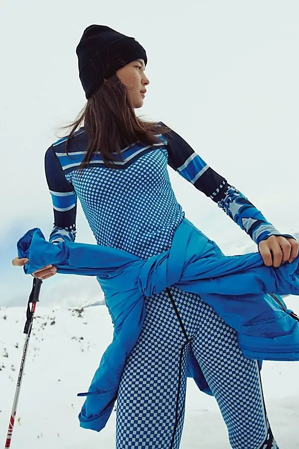 womens ski outfits 2025 printed thermal base layers in blue