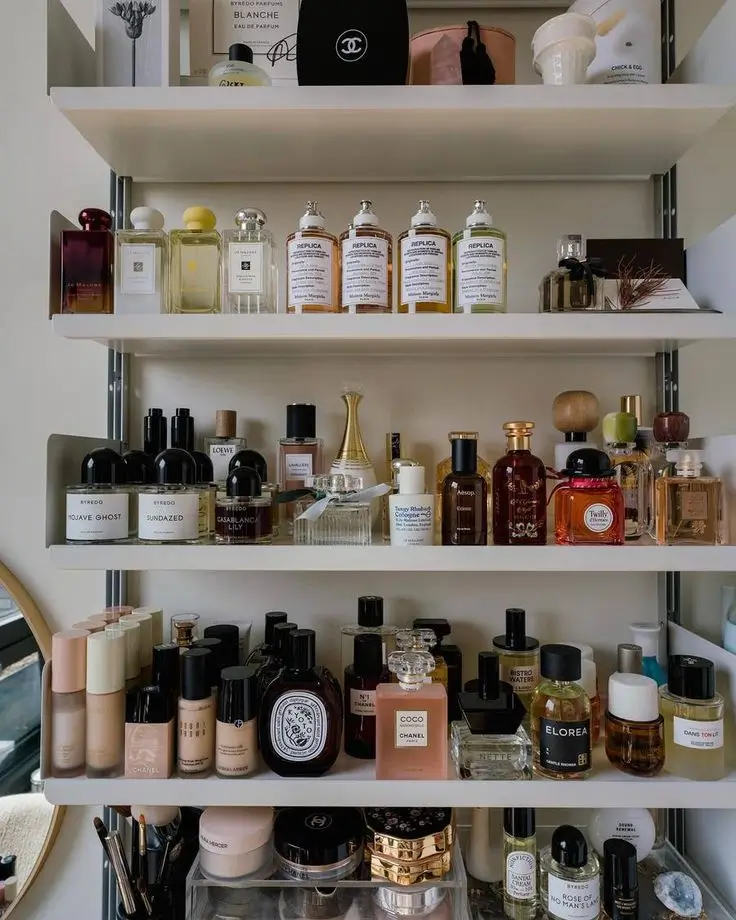 single shot of perfume collection on 6 shelves