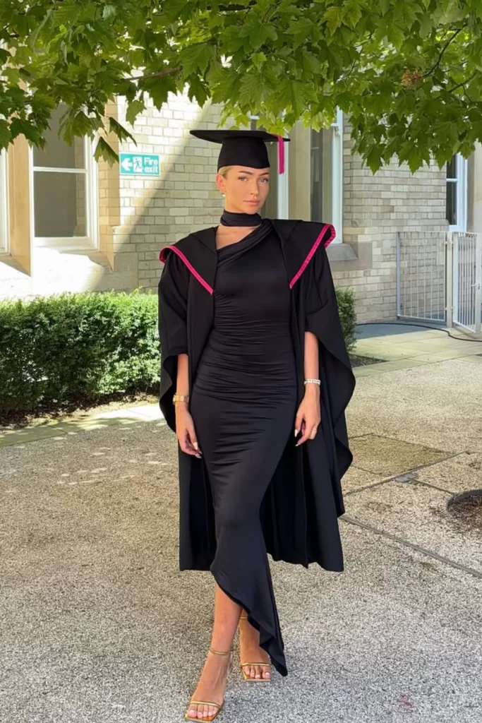 young female graduation wearing sophisticated black midi dress with her black cap and gown