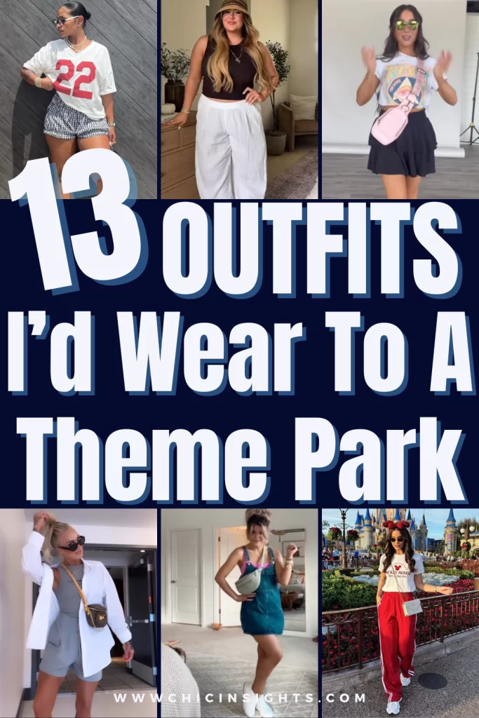 Pinterest pin collage of six different women wearing summer outfits with graphic text in the center displaying "13 Outfits I'd Wear to a Theme Park" 