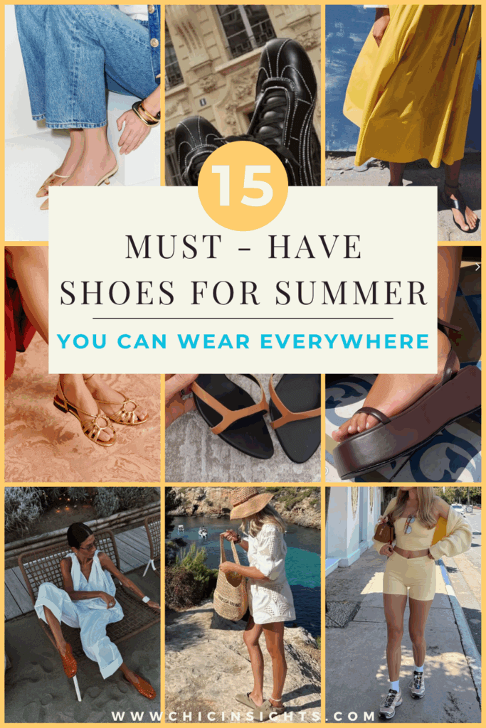 Pinterest pin collage of nine different photos set in a grid showing different summer shoes with graphic text displaying in the center "15 must-have shoes for summer you can wear everywhere"