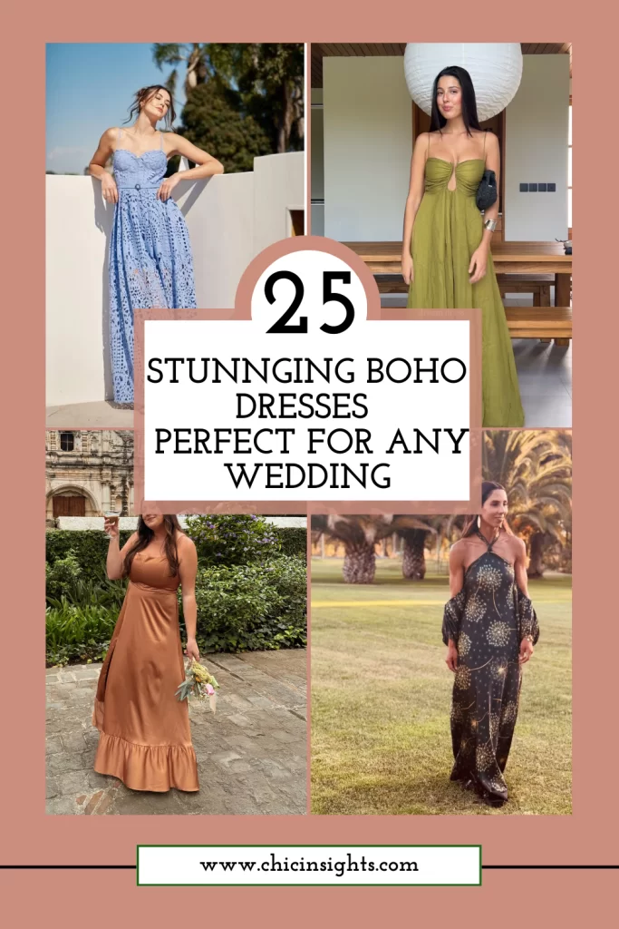 Pinterest pin collage of four different women wearing boho dresses in different formal settings