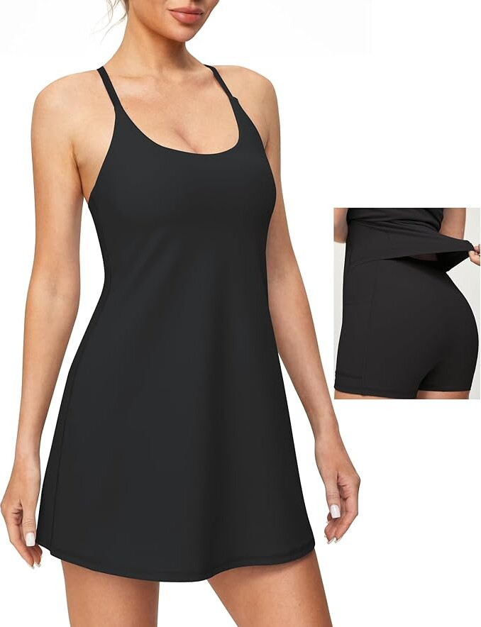 model wearing athletic dress with split back shorts detail