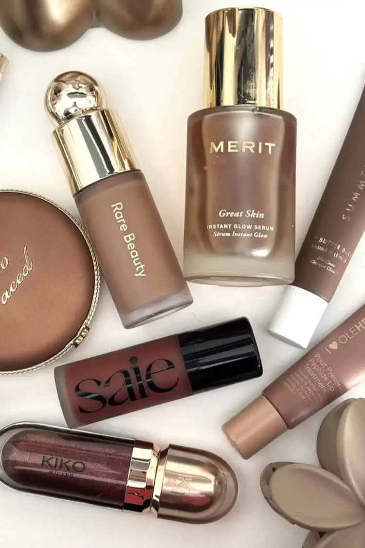Overhead shot of different makeup bronzers laid out on table top