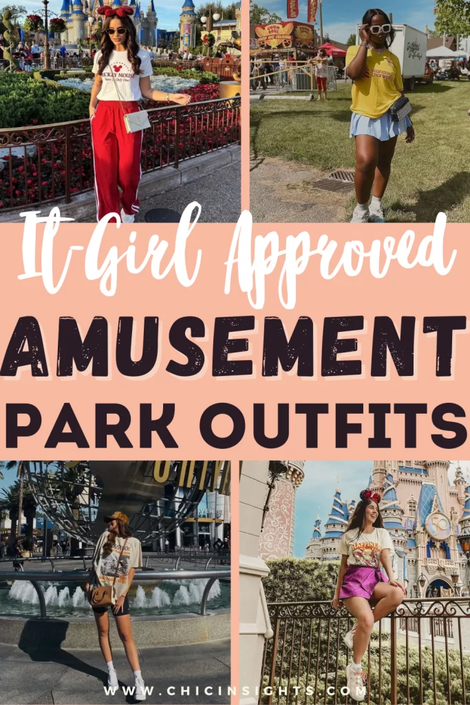 Pinterest pin with a collage for four different photos of women wearing different appropriate amusement park outfits for a variety of theme parks