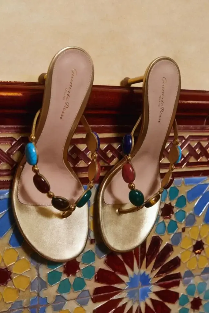 Close up of trendy summer heeled sandal from Gianvito Rossi