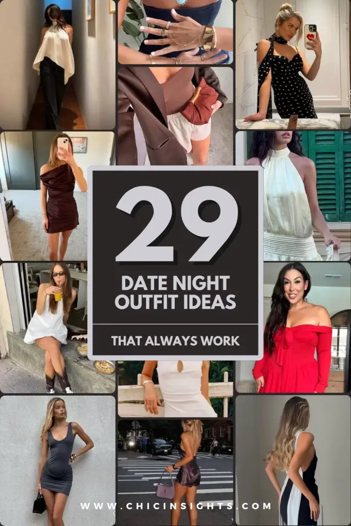 Pinterest pin collage of 12 different photos showing off summer classy date night outfit ideas with graphic text displayed in the center
