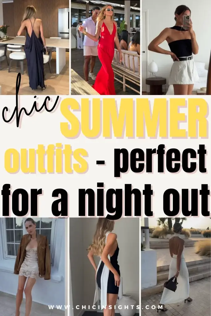 Pinterest pin collage of six different photos of women showing off a chic summer date night outfit with colorful graphic text in the center