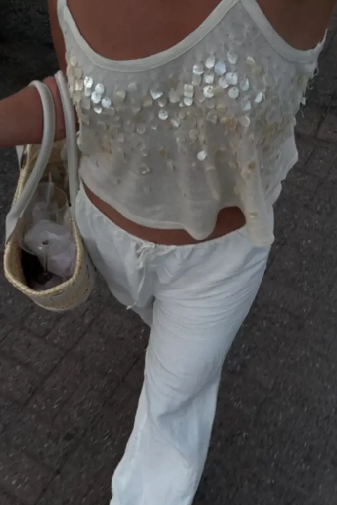 trendy white mermaid core aesthetic going out outfit for summer