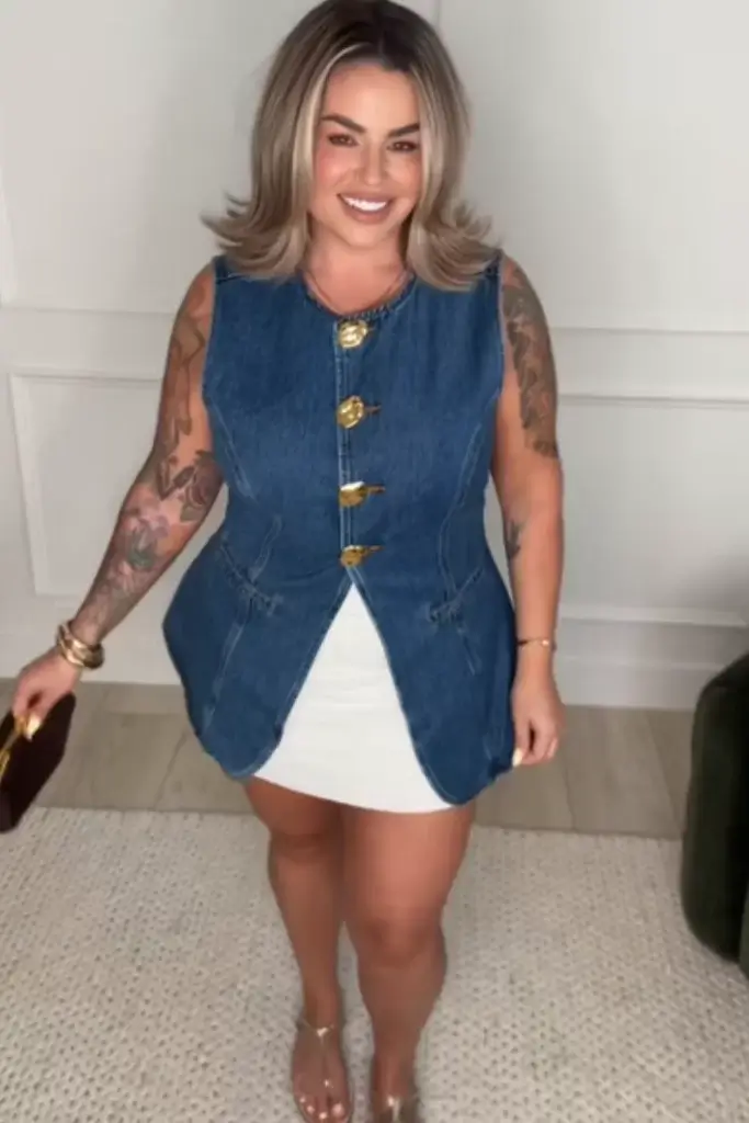 young woman showing off a casual but classy summer date night outfit with a fitted denim top and white skort