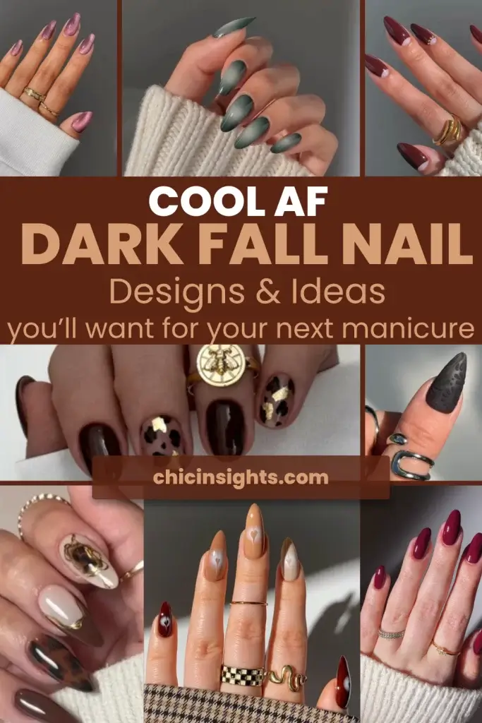Pinterest pin collage of 8 different photos showing dark fall nail designs with graphic colorful text