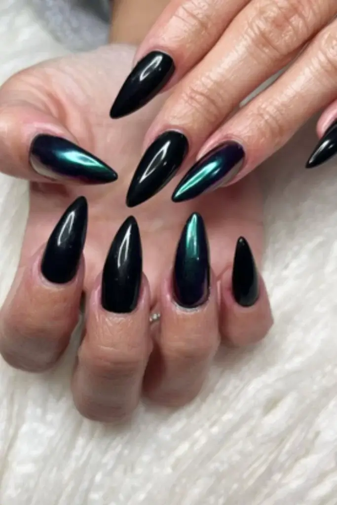 oil slick finish dark fall nail inspiration on long almond nails