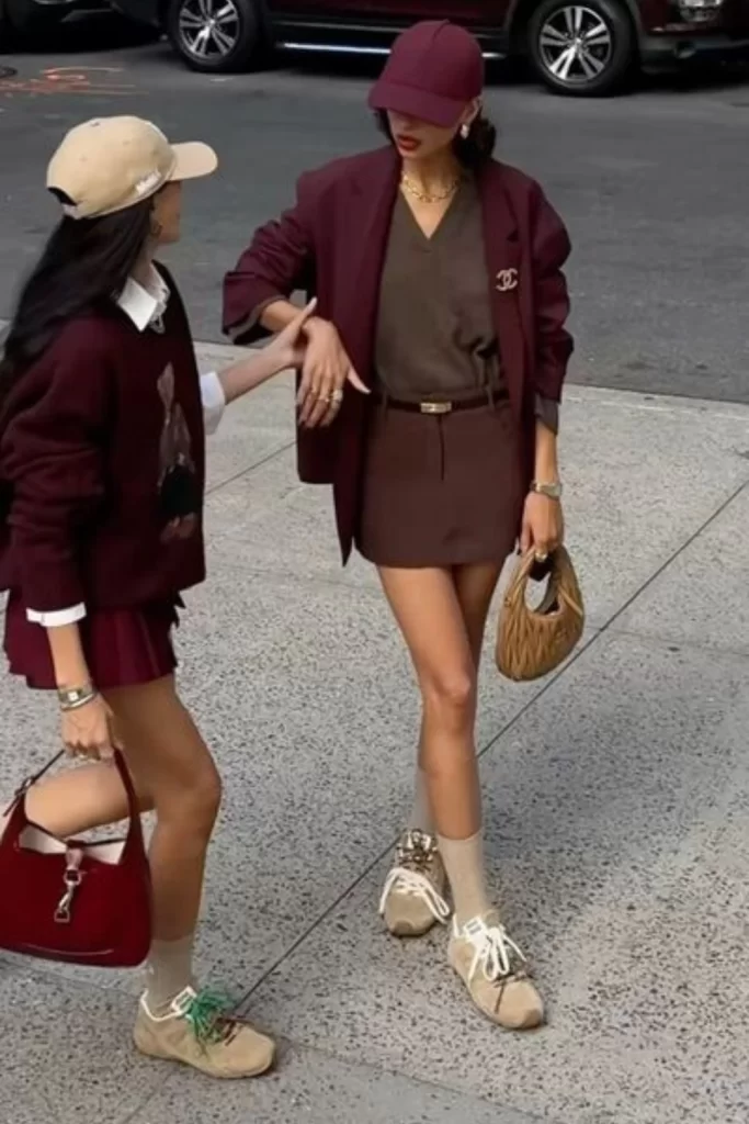 models wearing Chanel Fall Bordeaux color outfits for Fall on street