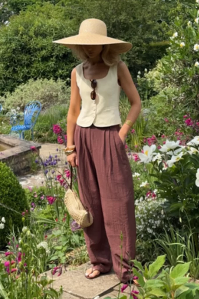 Hot weather Fall outfit inspiration photo with woman standing in sunny garden wearing large brim hat, beige sleeveless top and wide leg linen pants