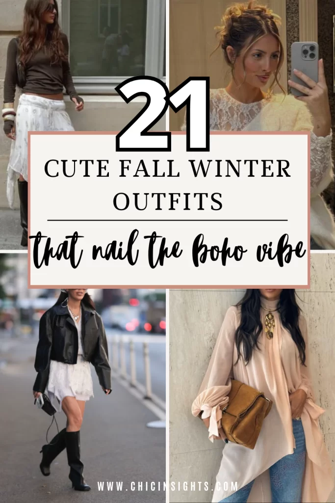 Pinterest pin collage of four different photos showing cute fall winter outfits with boho styling