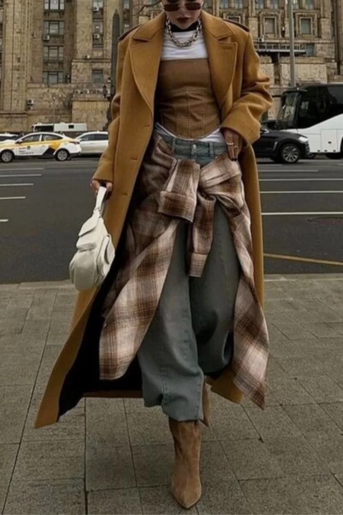 woman wearing baggy jeans tucked into light brown boots with multiple layers of clothing for a chic streetwear look