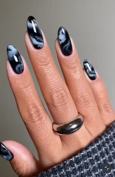onyx marble inspired dark fall nail design